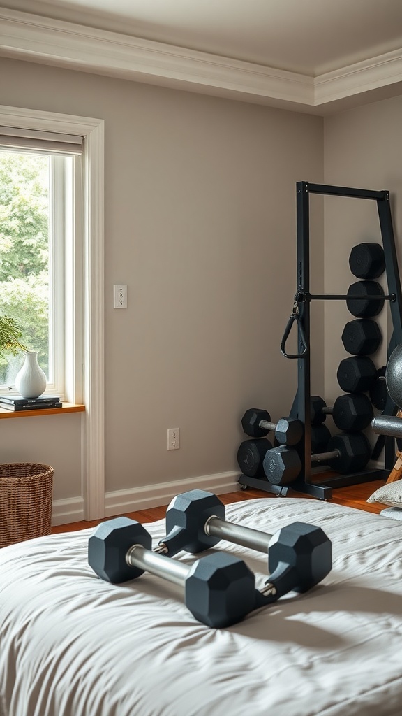 A bedroom corner with dumbbells on a bed and a rack of weights.