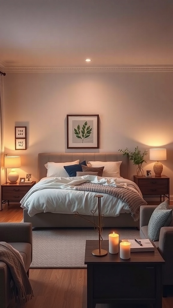Cozy living room with soft ambient lighting, featuring lamps, candles, and plants.