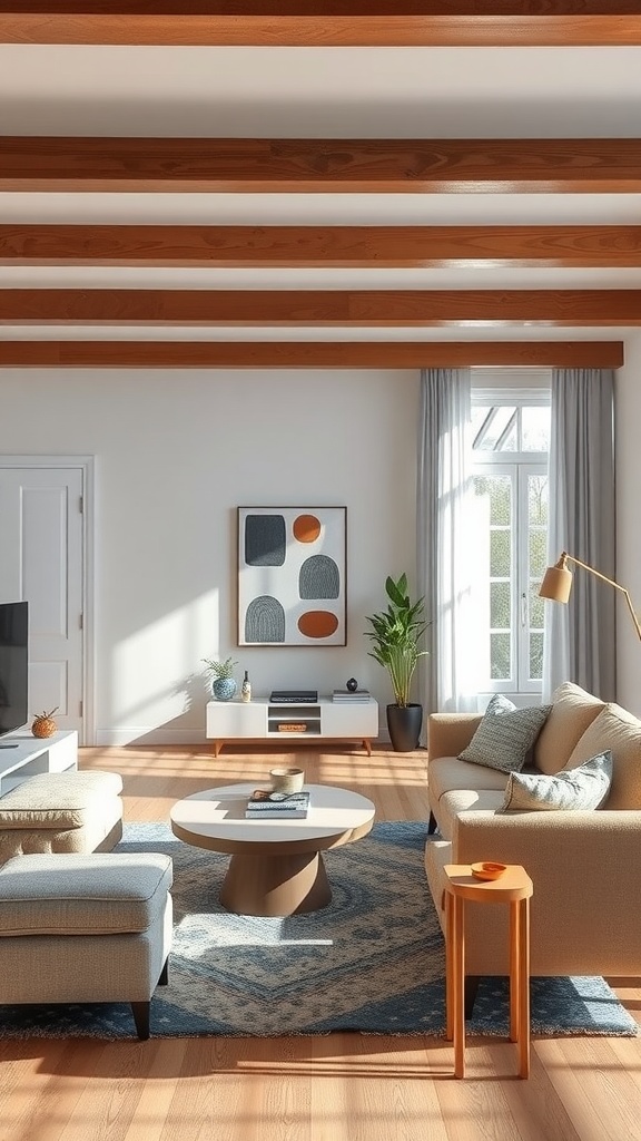 A cozy living room with angled furniture arrangement, featuring a circular coffee table, a stylish rug, and natural light.