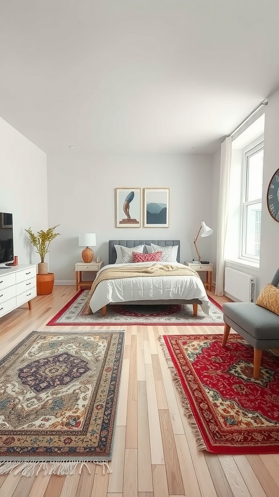 A well-decorated bedroom featuring area rugs that define spaces.