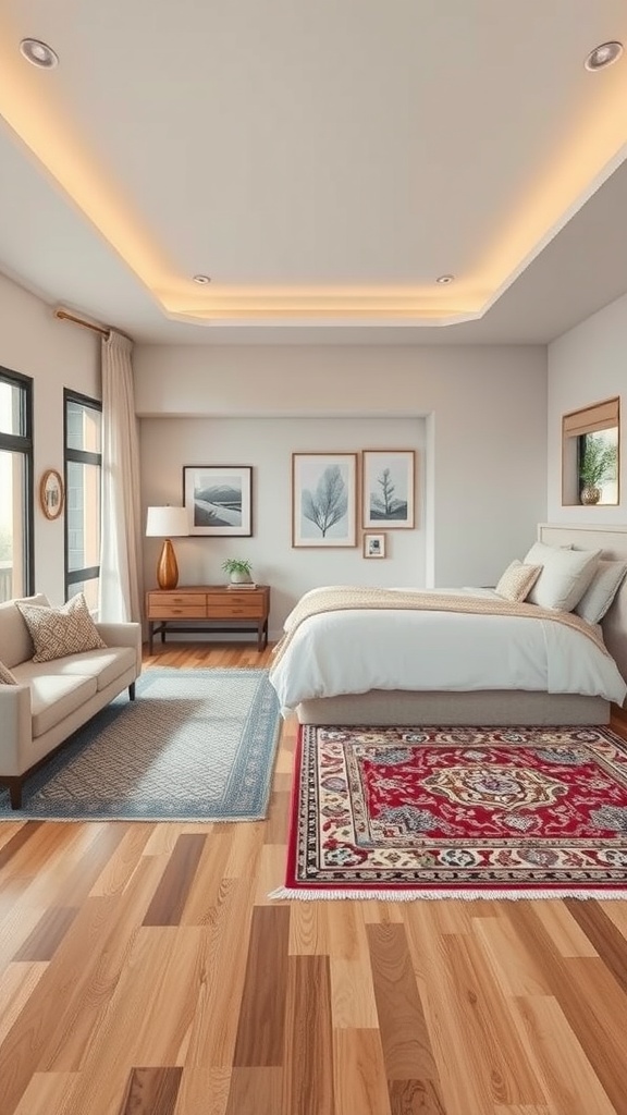 A long bedroom featuring two area rugs, one under the bed and one near a seating area, with wooden flooring and neutral decor.