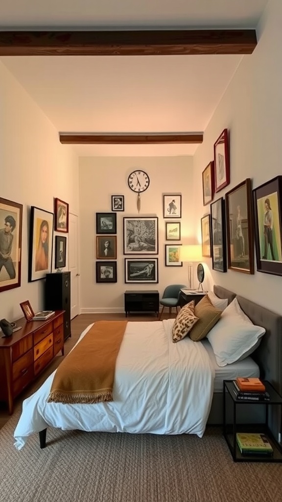 A cozy bedroom with a gallery wall filled with various framed artworks, featuring a bed, wooden furniture, and a warm color scheme.