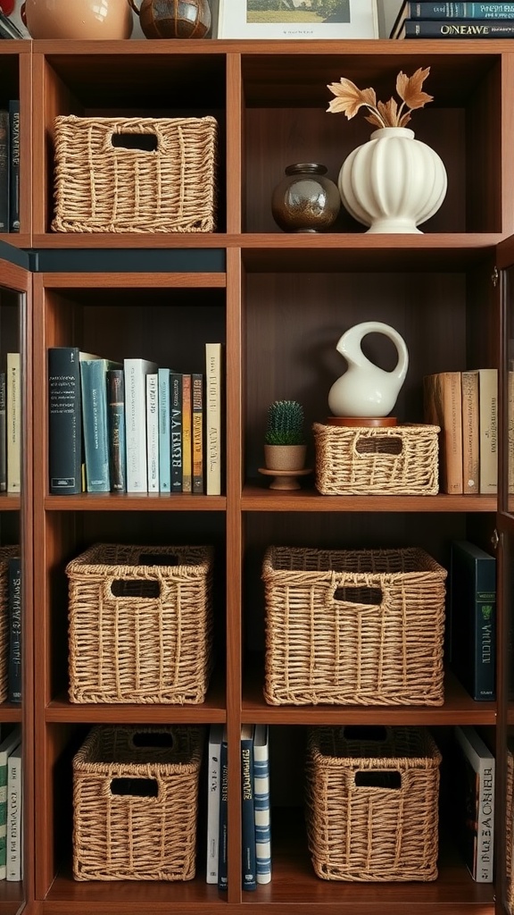 A bookshelf featuring woven baskets, books, and decorative items.