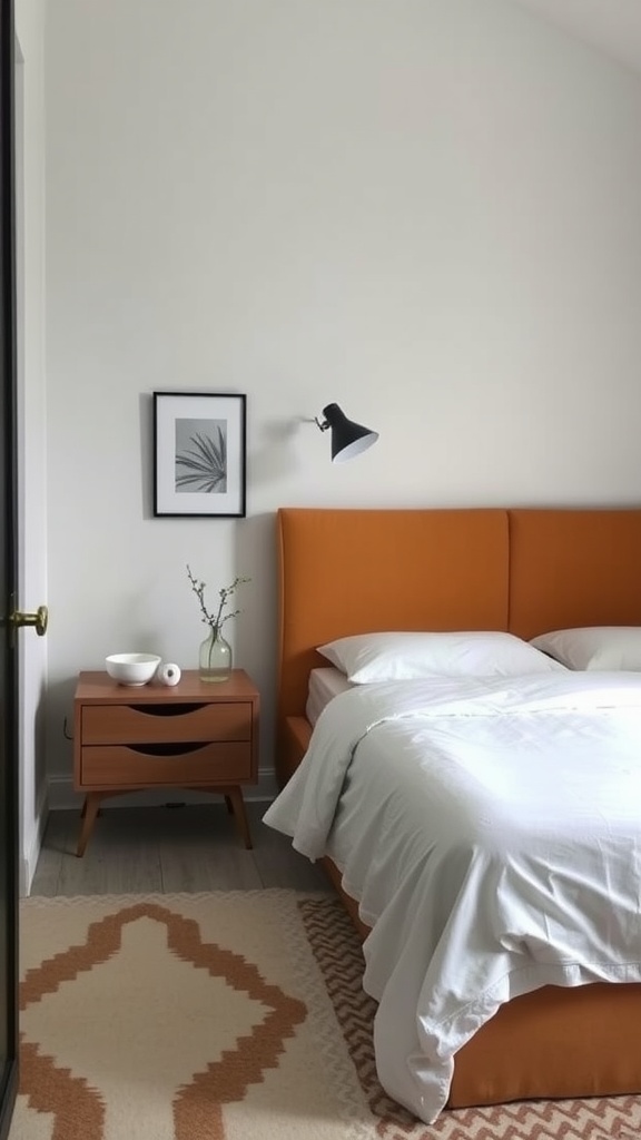 A small square bedroom layout featuring an orange headboard, a wooden bedside table with built-in storage, and a wall-mounted lamp.