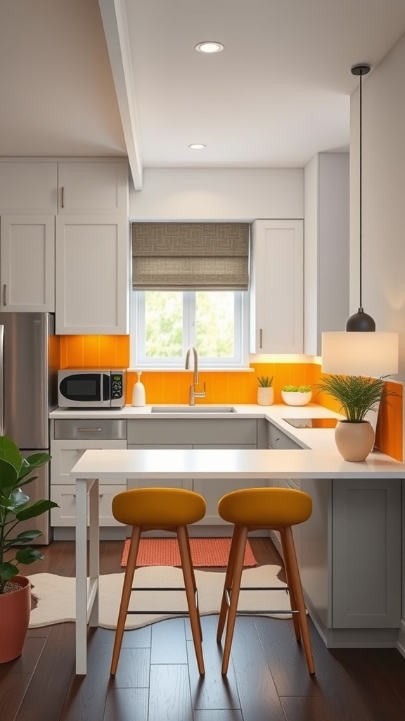 A modern apartment kitchen featuring a vibrant orange backsplash, yellow bar stools, and plants.