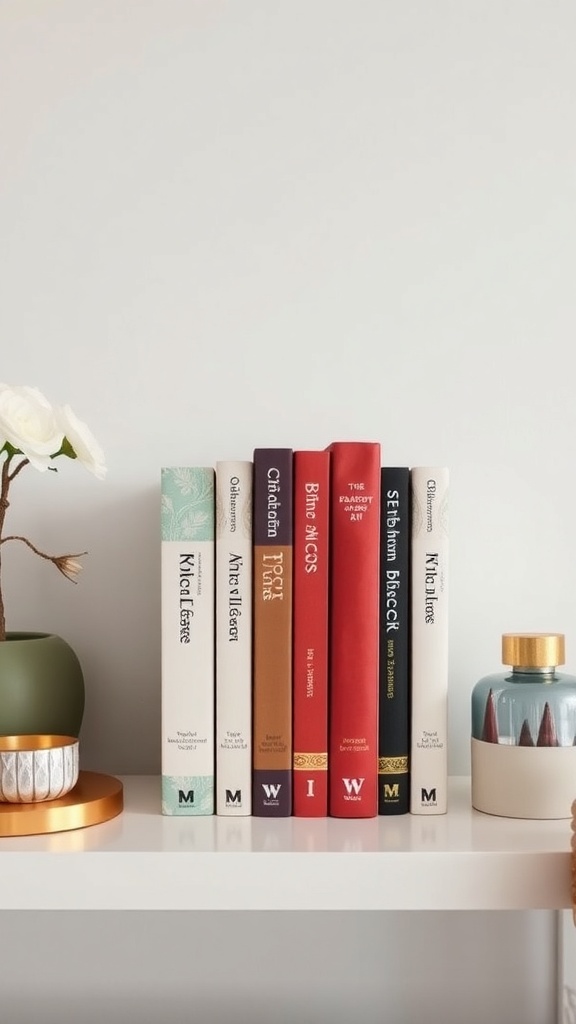 A neatly organized bookshelf with colorful books and stylish bookends, featuring a decorative plant and unique containers.