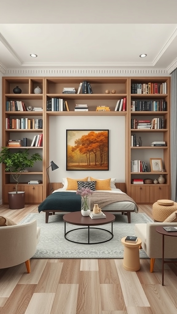 A cozy open concept living room featuring built-in shelving filled with books and decorative items, a bed, and a stylish coffee table.