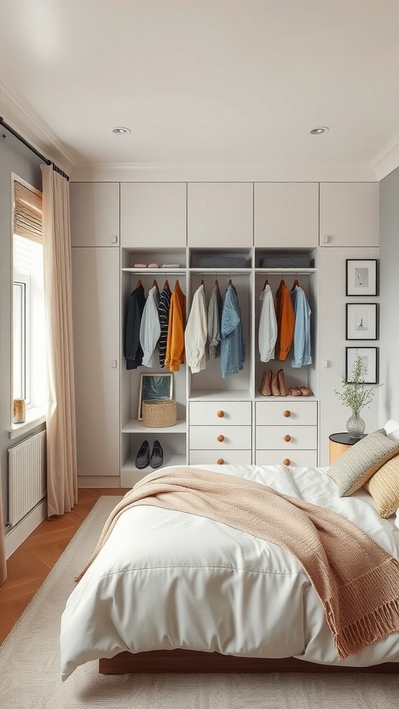 A cozy bedroom featuring a built-in wardrobe with organized clothing and storage drawers.