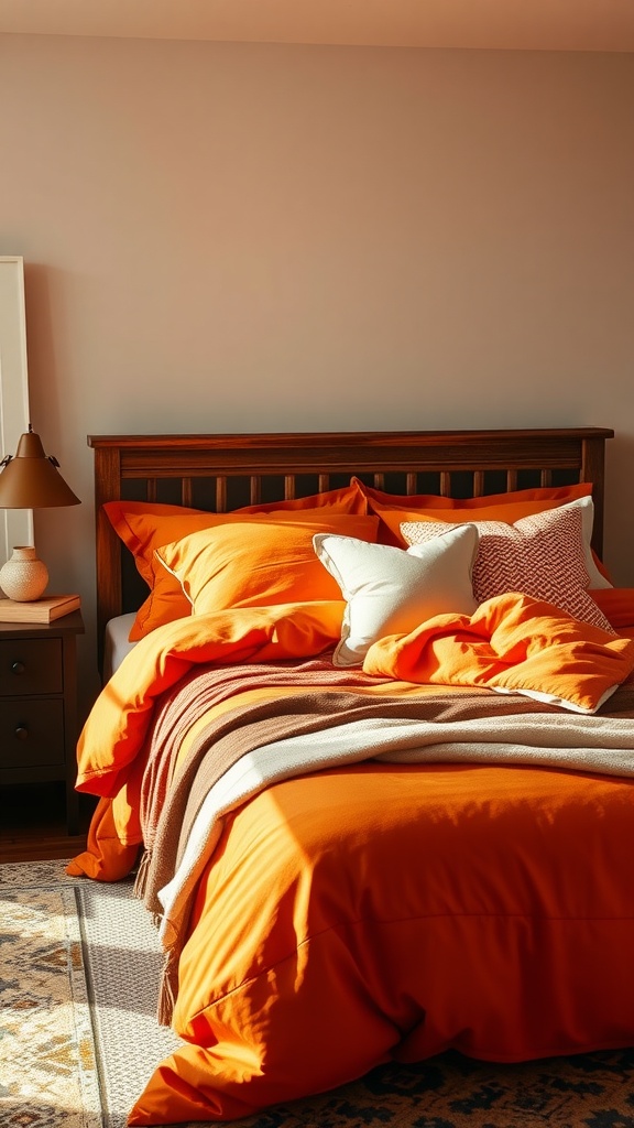 Cozy bedroom featuring burnt orange bedding and neutral pillows.