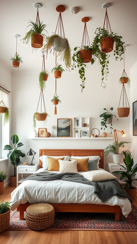 A cozy bedroom with hanging plants from the ceiling.
