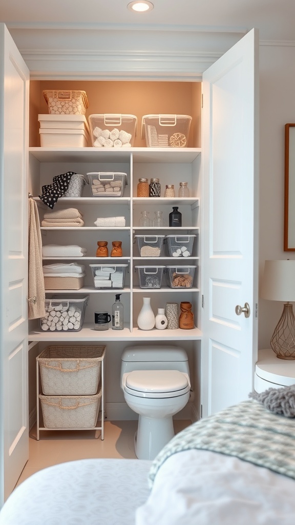 A bathroom closet with clear storage bins, neatly organized with towels and toiletries.