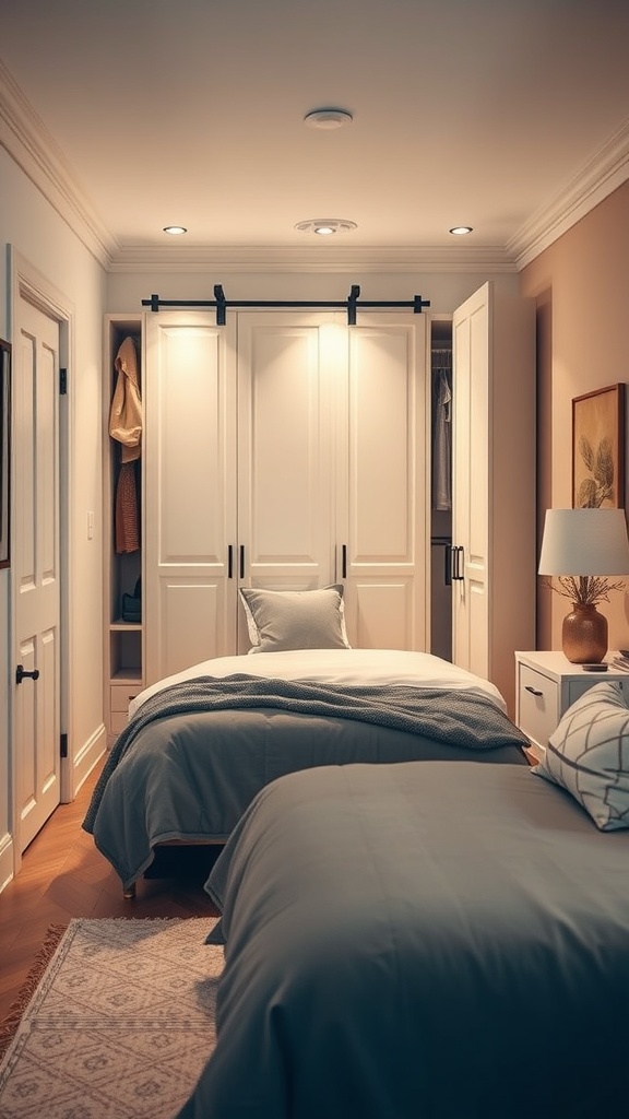 A cozy bedroom with two beds and a sliding door closet, showcasing clever storage solutions.