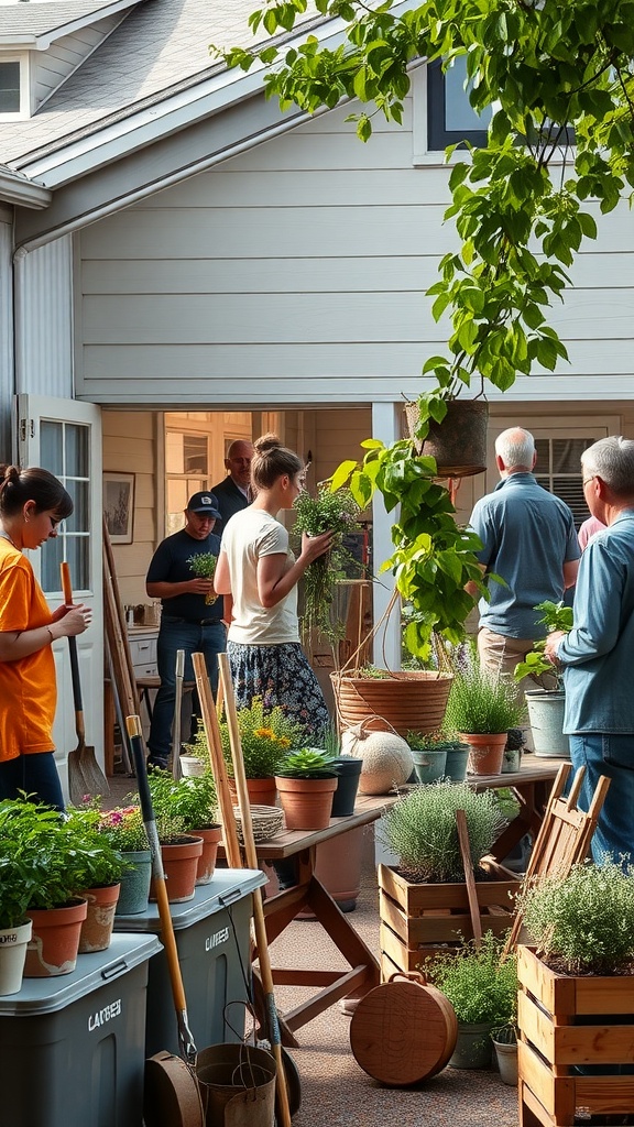 A group of people gathering around various gardening supplies and plants in a community space.