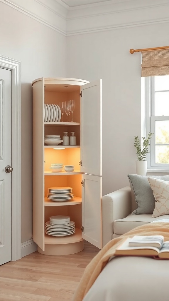 A stylish corner cabinet in a kitchen, showcasing plates and glasses with warm lighting.