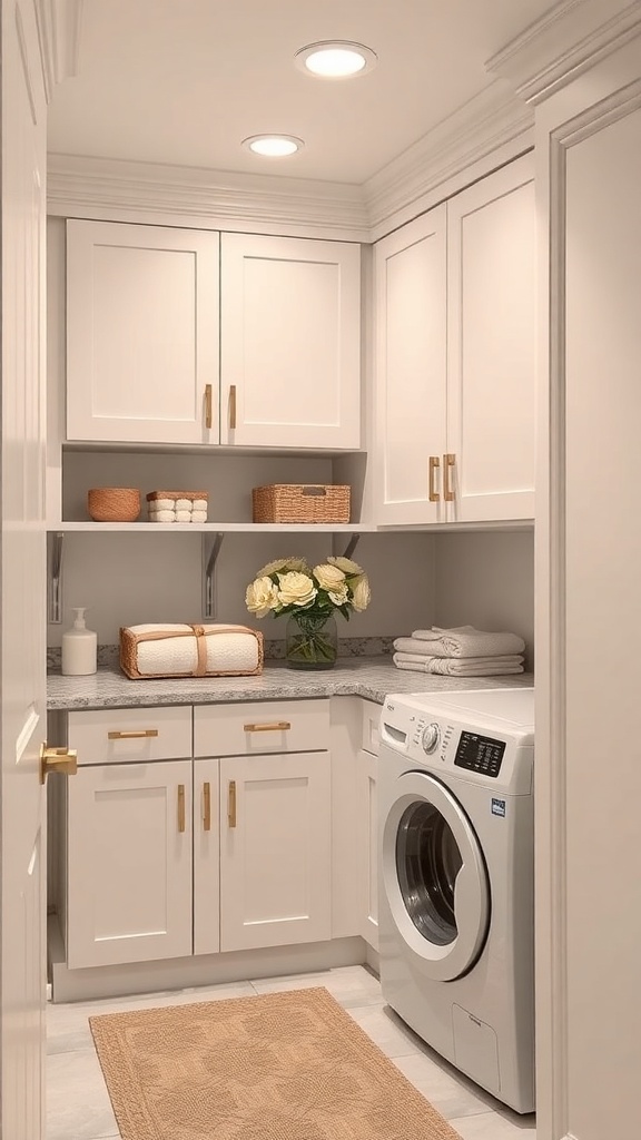 A small utility room featuring corner cabinets, a washing machine, and decorative items.