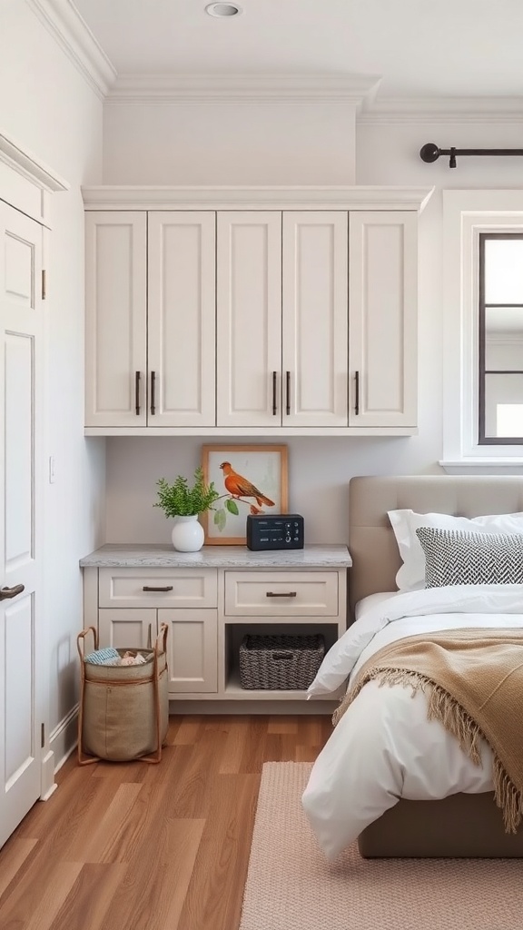 A corner cabinet in a cozy kitchen, featuring light-colored cabinetry and decorative items.