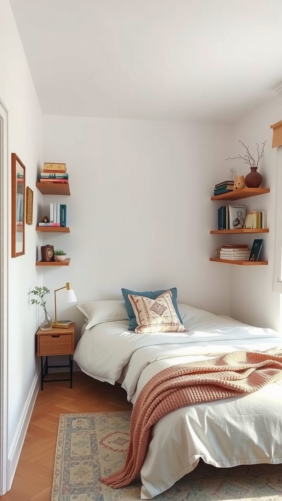 A small rectangular bedroom featuring corner shelves with books and decorative items.