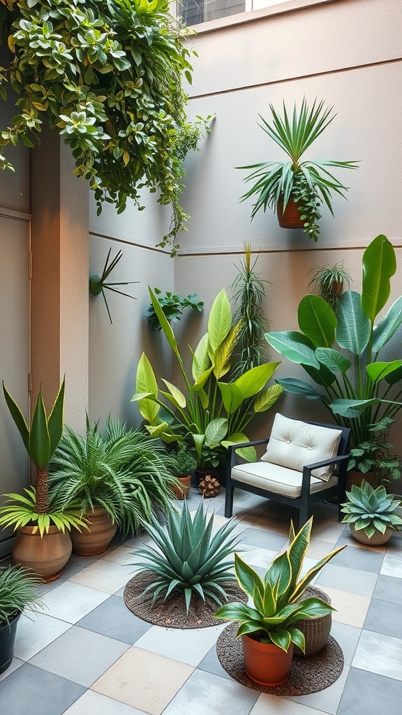 A small courtyard garden with various plants and a chair in a corner space