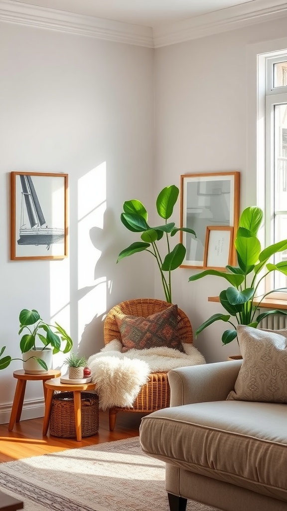 Cozy corner in a small family room with a wicker chair, plants, and sunlight.