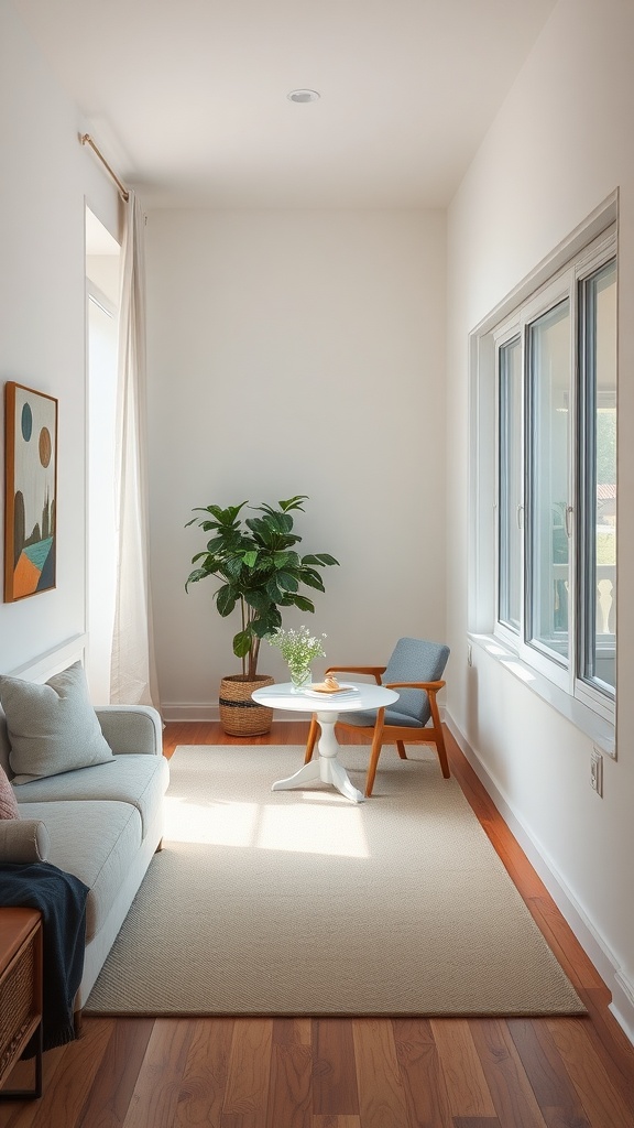 Cozy corner in a long rectangle living room with a chair, table, plant, and window.