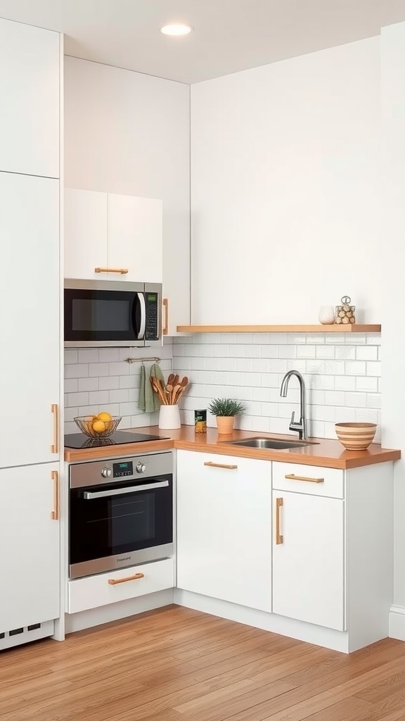 A modern apartment kitchen utilizing corner spaces, featuring white cabinetry, wooden countertop, and integrated appliances.