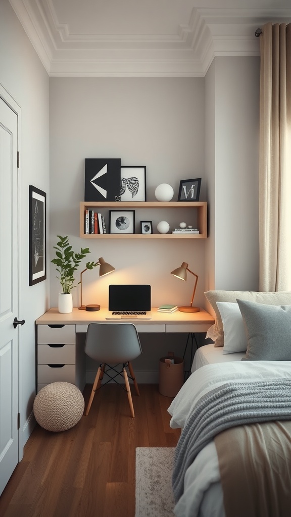 Cozy corner bedroom with a desk, shelves, and a bed, showcasing effective use of space.