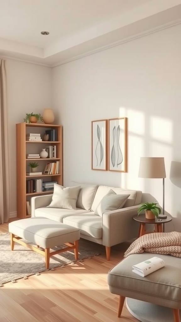 A cozy living room corner with a light-colored sofa, ottoman, bookshelf, and plants.