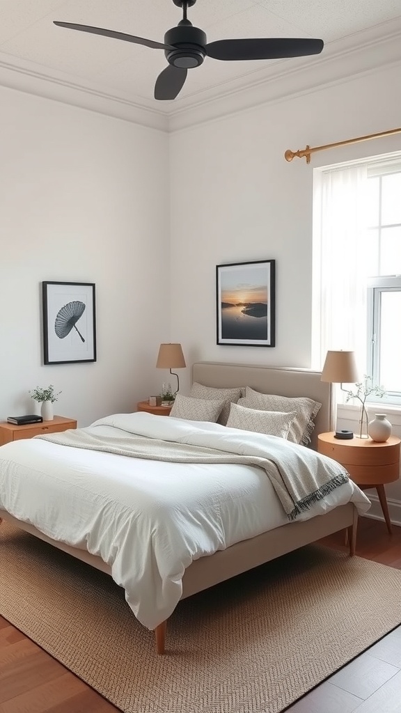 A cozy small bedroom featuring a king bed, stylish nightstands, and a ceiling fan, showcasing effective use of corner spaces.