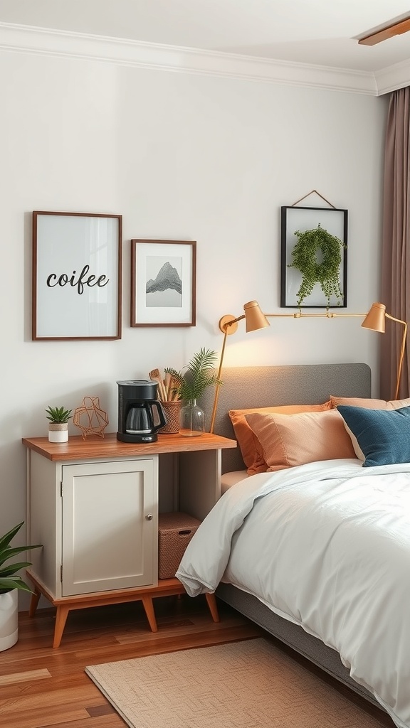 Cozy coffee station in a corner with a coffee maker, plants, and framed art.