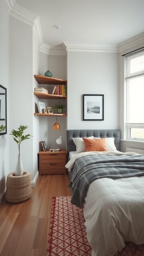 A cozy bedroom featuring corner shelves for storage, a bedside table, and a decorative plant.