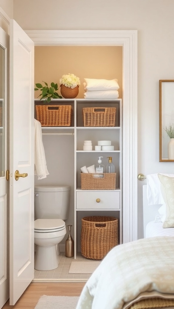 A stylish bathroom closet featuring decorative baskets, neatly organized towels, and a touch of greenery.