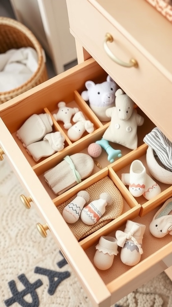 A well-organized nursery dresser drawer with drawer inserts holding baby socks, toys, and accessories.