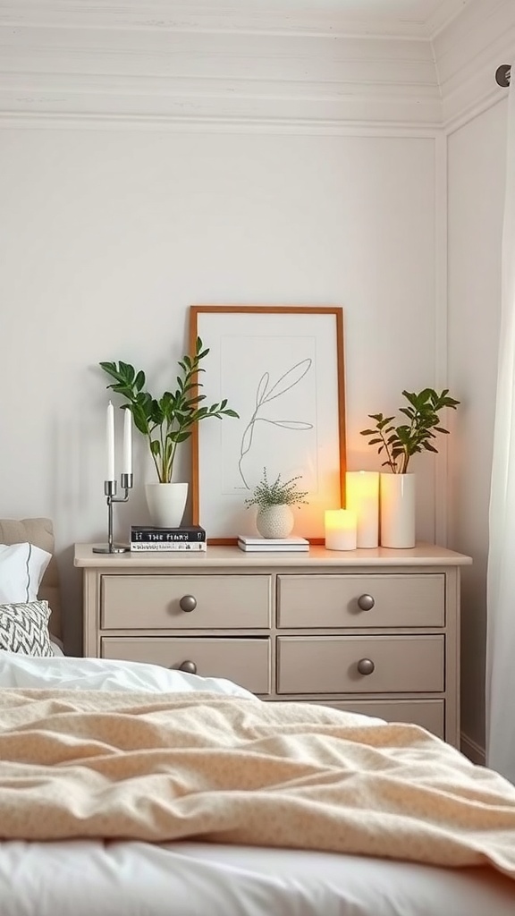 A cozy bedroom featuring a dresser with plants, candles, and a framed artwork on top.