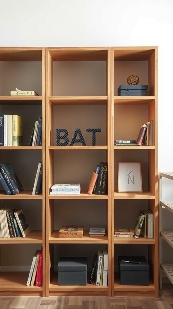 Organized bookshelf with books, decorative items, and empty spaces for functionality.