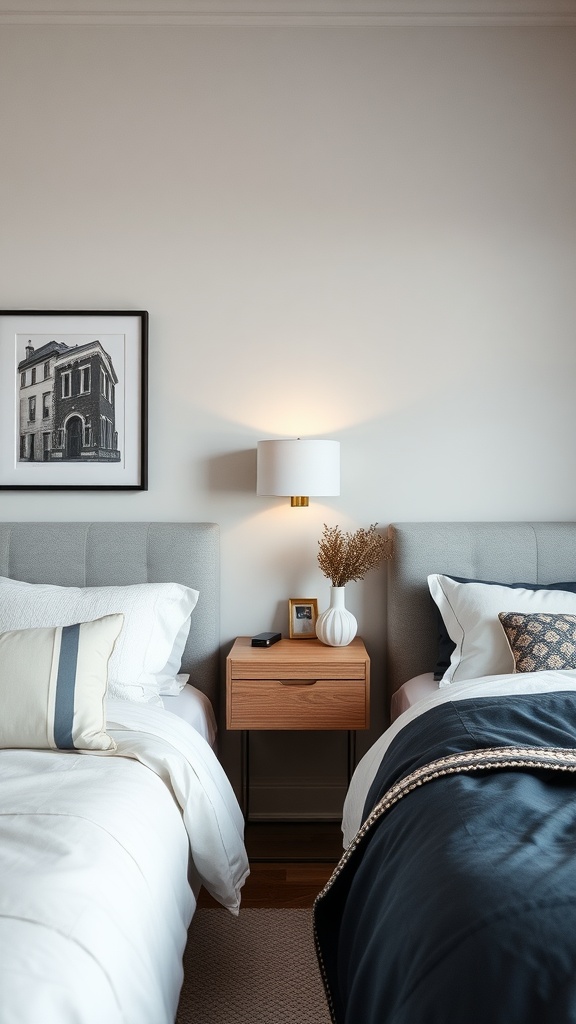 A cozy small bedroom featuring two beds with a floating nightstand in between, adorned with a lamp and decorative items.