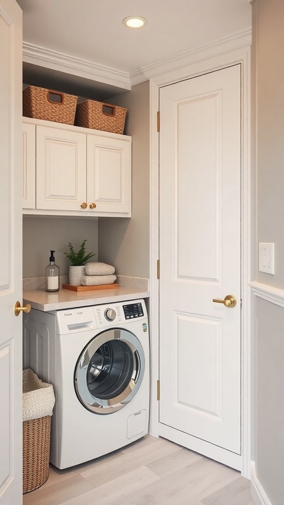 A small laundry room featuring a washing machine, decorative baskets, and neatly arranged towels.