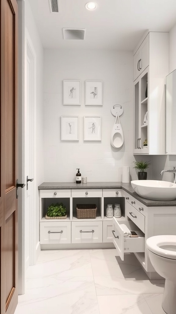 A modern small bathroom featuring hidden storage solutions with cabinetry, open shelves, and decorative items.