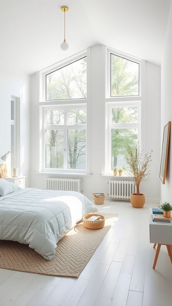 Bright Scandinavian bedroom featuring large windows, light bedding, and natural decor elements.