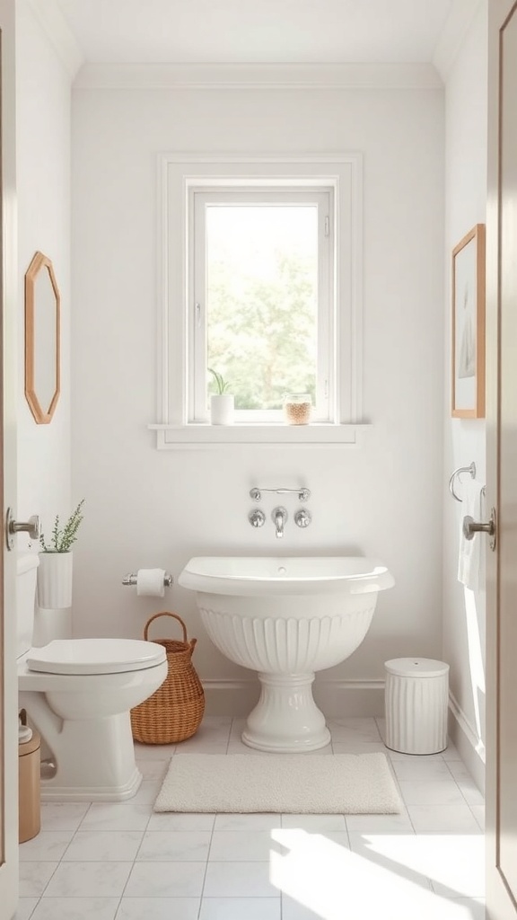 A small, modern bathroom featuring light colors, a white bathtub, and natural light from a window.
