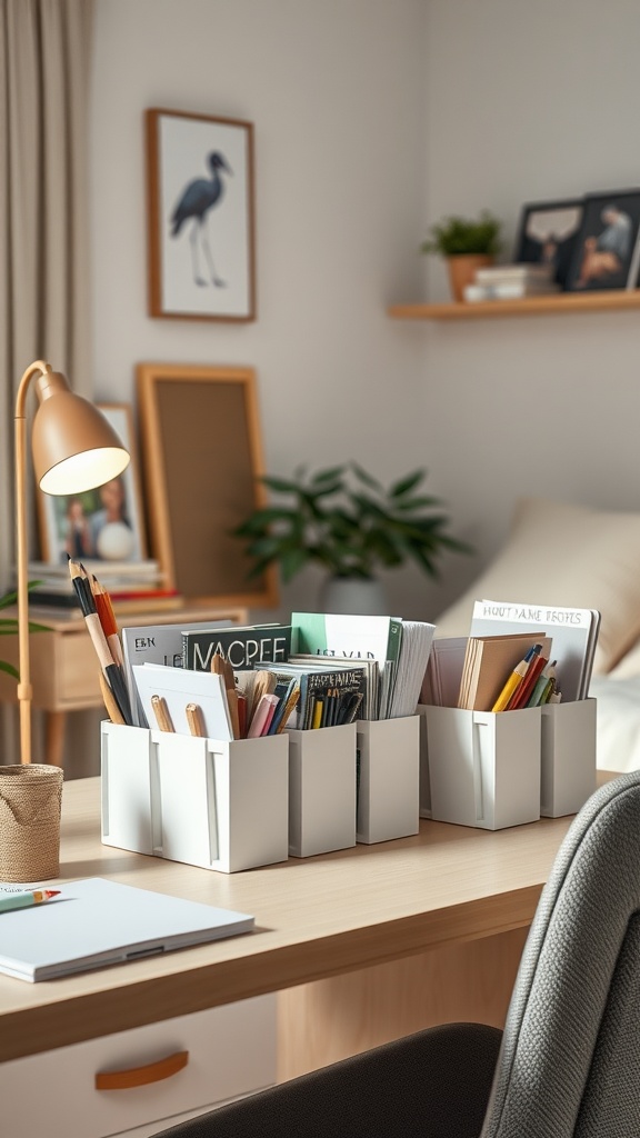 A clean workspace with white magazine holders filled with files and art supplies on a wooden desk.