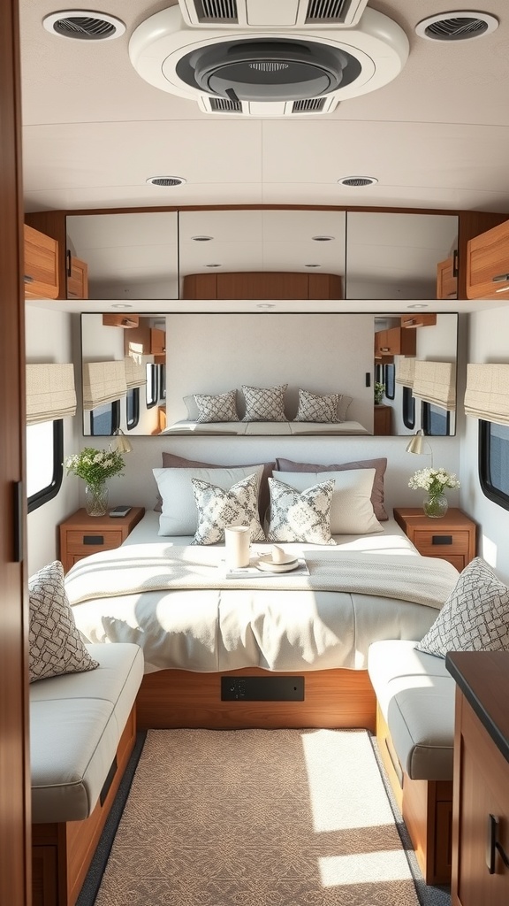 Cozy RV interior featuring mirrors that enhance the space illusion