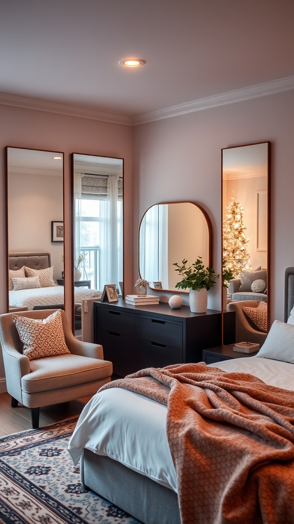 Cozy bedroom with multiple mirrors reflecting light and a Christmas tree
