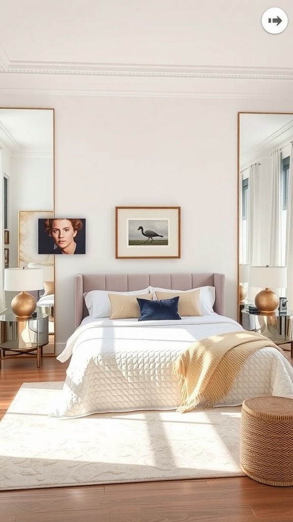 A stylish primary bedroom featuring two tall mirrors on either side of the bed, enhancing the space with light and depth.