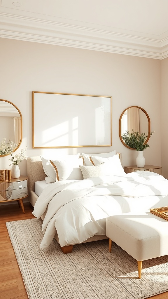 A beige living room with mirrors reflecting light and creating a spacious feel.