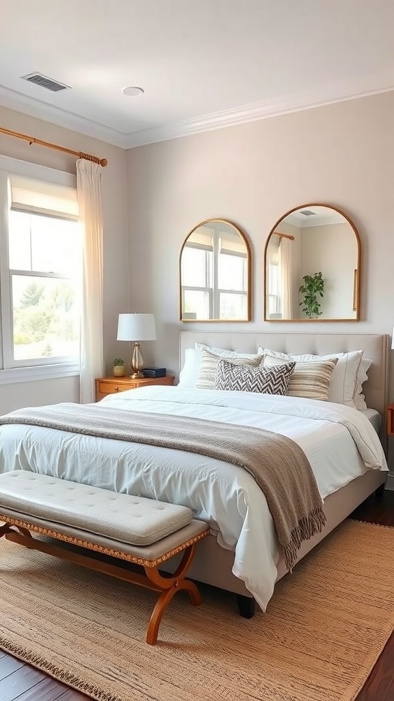 Cozy guest bedroom with three round mirrors above the bed, showcasing a warm and inviting atmosphere.
