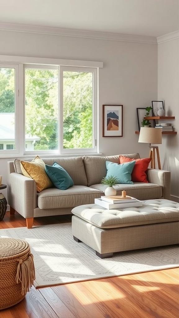 A cozy family room featuring a sectional sofa with colorful cushions, a multi-functional ottoman, and decorative elements.