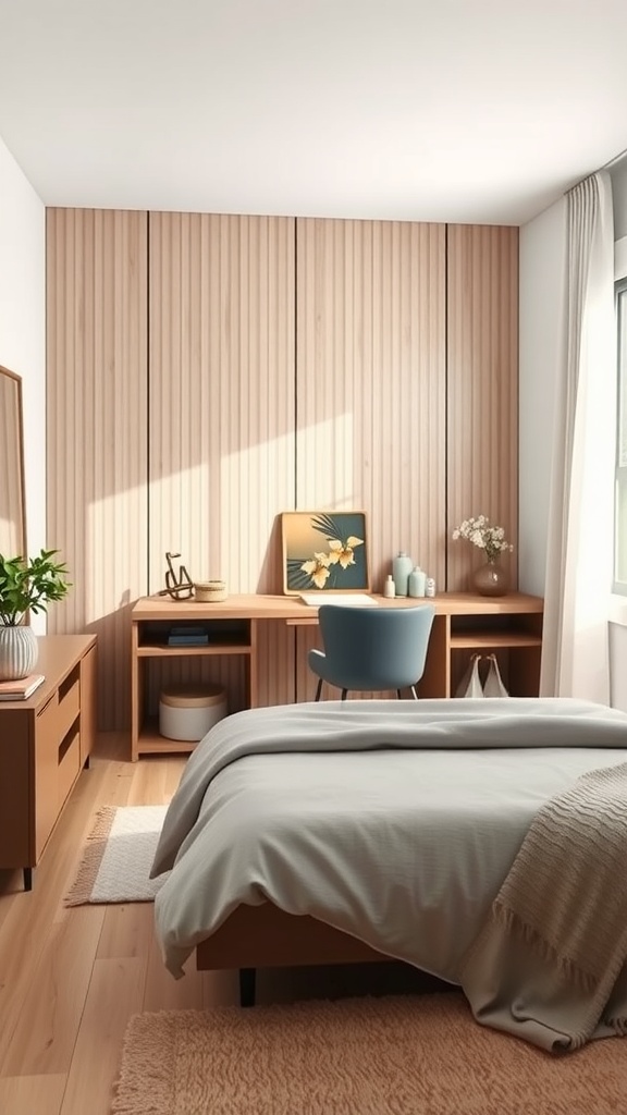 A bright summer bedroom with multi-functional furniture including a bed, desk, and chair.