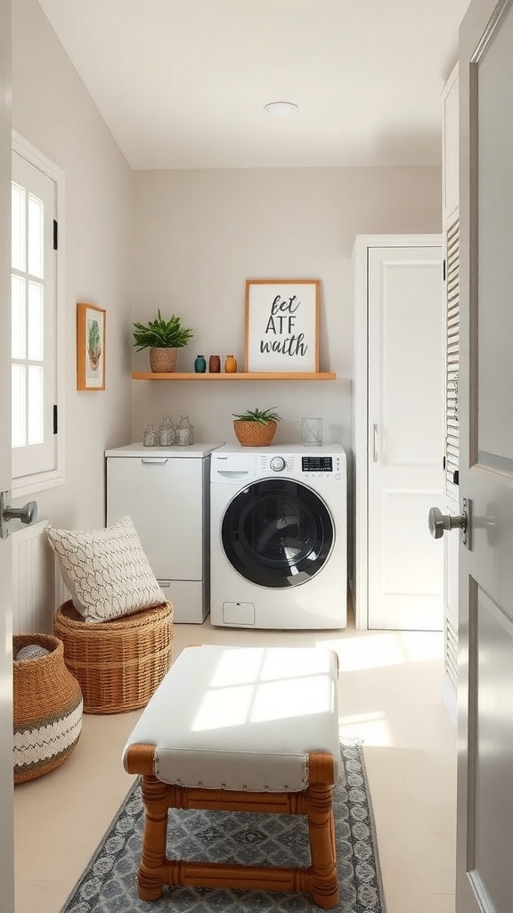 A small laundry room featuring a washing machine, storage baskets, a bench, and wall shelves with decorative items.