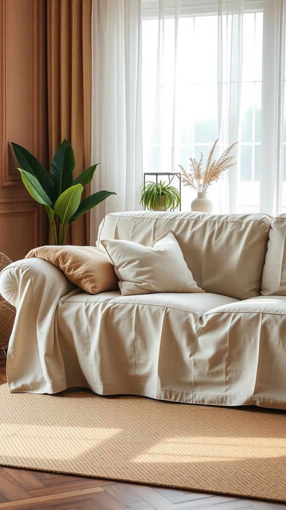 Cozy living room featuring a beige linen sofa with soft cushions and indoor plants