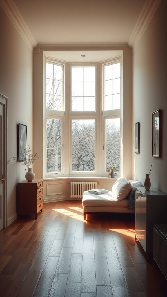 A narrow bedroom with large bay windows allowing natural light to fill the space.
